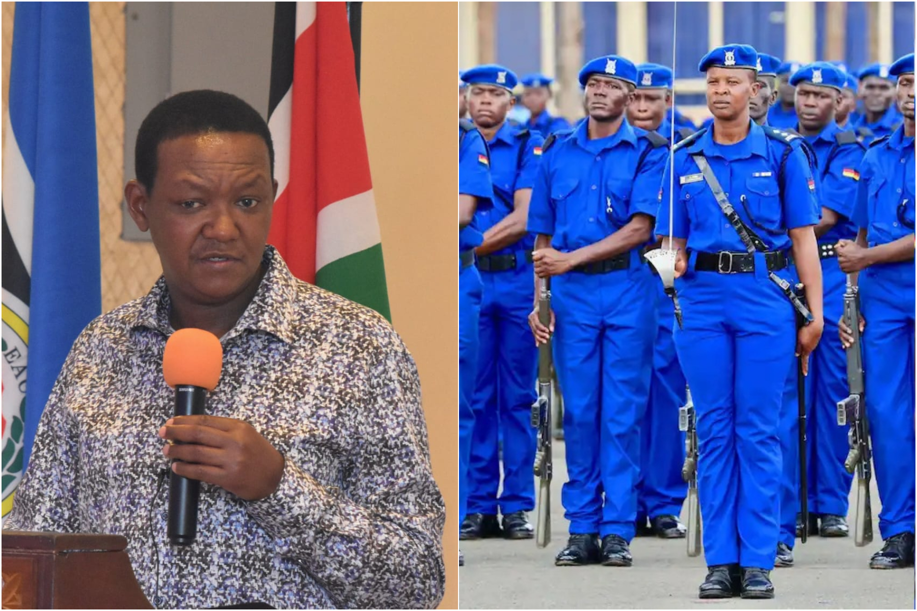Photo collage of Foreign Affairs CS Alfred Mutua and National Police Service officers.